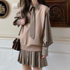 Long-sleeve Plaid Mini Pleated Dress / Knit Vest / Tie / Set
