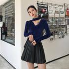 Long-sleeve Choker Velvet Top / Accordion Pleat Mini Skirt