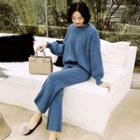 Set: Mock-neck Cable-knit Sweater + Knit Pants