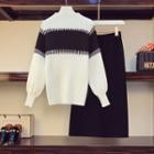 Set: Two-tone Mock Turtleneck Sweater + Midi A-line Skirt