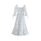 Puff-sleeve Floral Print Tiered Midi A-line Dress