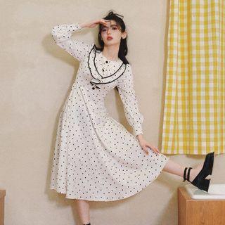 Long-sleeve Frill Trim Dotted Midi A-line Dress