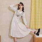 Long-sleeve Frill Trim Dotted Midi A-line Dress