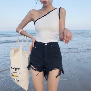 Contrast Trim One Shoulder Sleeveless Knit Top