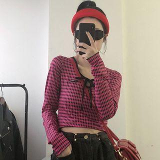 Long-sleeve Plaid Cropped T-shirt As Shown In Figure - One Size