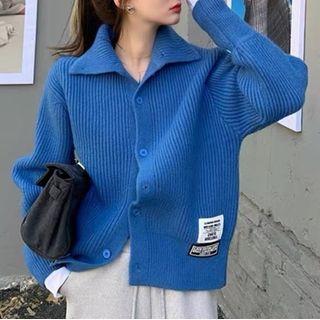 Lettering Patch Collared Cardigan