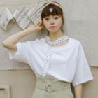 Plain Elbow Sleeve T-shirt With Dotted Neck Tie