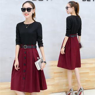3/4-sleeve Paneled Midi A-line Dress