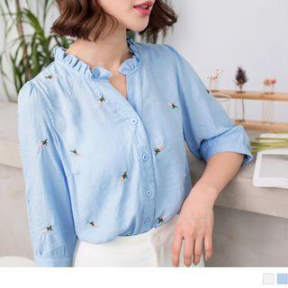 Stand Collar Floral Embroidery Blouse