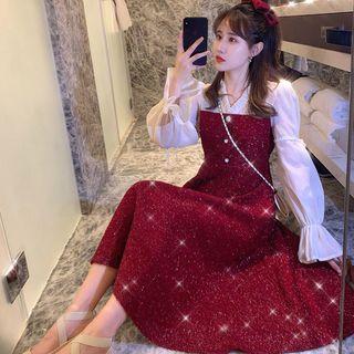 Chiffon Panel Bell-sleeve Glitter A-line Midi Dress