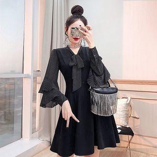 Long-sleeve Dotted Ruffled A-line Dress