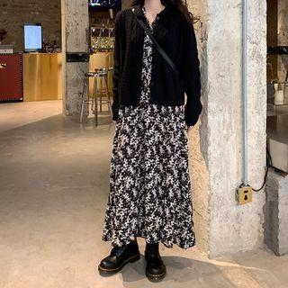 Lantern-sleeve Floral Print Split Dress Black - One Size