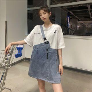Elbow-sleeve Denim Panel Lettering Print T-shirt