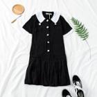 Contrast Trim Short Sleeve Button Pleated Dress Black - One Size