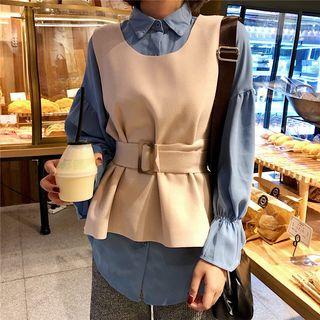 Set: Flare-sleeve Shirt + Belt-waist Vest