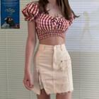 Gingham Puff-sleeve Cropped Blouse / Camisole Top / Mini A-line Skirt /