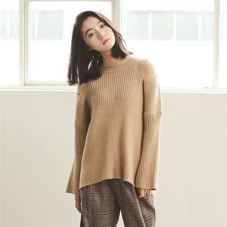 Cold-shoulder Rib-knit Sweater Khaki - One Size