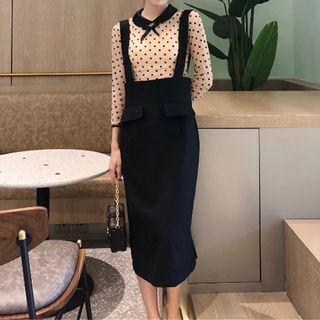 Dotted 3/4-sleeve Top / Plain Midi Suspender Skirt