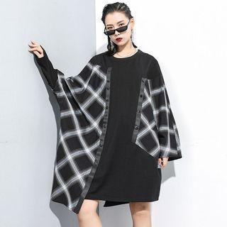 Asymmetric Plaid Panel Long-sleeve Dress Black - One Size