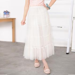 Polka Dot Panel Tulle Maxi Skirt Off-white - One Size