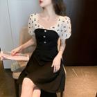 Mock Two-piece Puff-sleeve Bow Print Dress