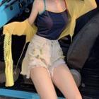 Cropped Cardigan / Trim Camisole Top / Bead Pineapple High-waist Denim Shorts