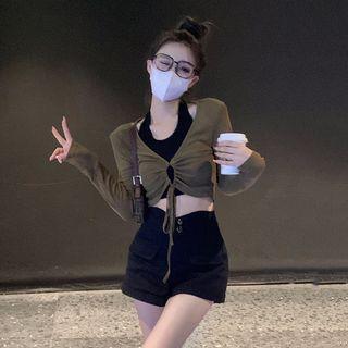 Halter-neck Crop Top / Long-sleeve Drawstring Crop T-shirt / Cargo Shorts / Set
