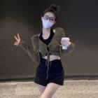 Halter-neck Crop Top / Long-sleeve Drawstring Crop T-shirt / Cargo Shorts / Set