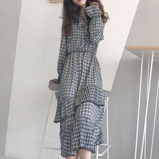 Plaid Long-sleeve Tie-neck A-line Midi Dress As Shown In Figure - One Size