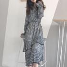 Plaid Long-sleeve Tie-neck A-line Midi Dress As Shown In Figure - One Size