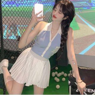 Halter-neck Collared Camisole Top / Mini A-line Skirt