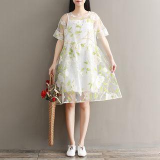 Set: Flower Embroidered Short-sleeve Sheer Dress + Slipdress