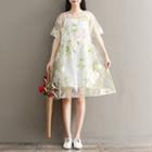 Set: Flower Embroidered Short-sleeve Sheer Dress + Slipdress