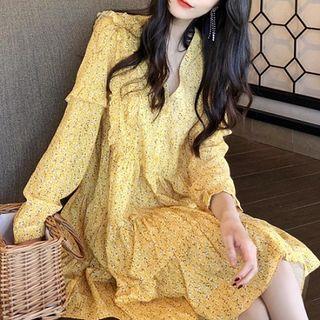 Long-sleeve Frill Trim Floral A-line Chiffon Dress