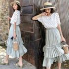 Set: Elbow-sleeve Lace Blouse + A-line Midi Tiered Skirt