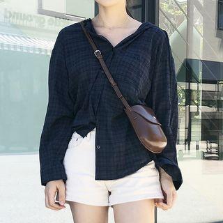 Hooded Plaid Shirt Navy Blue - One Size
