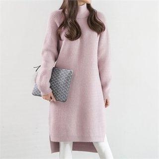 Mock-neck Wool Blend Rib-knit Dress