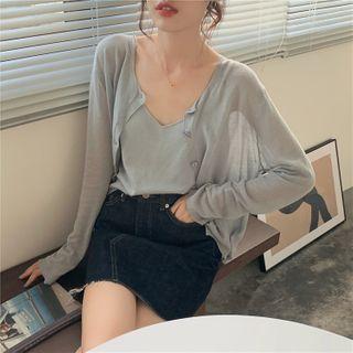 Set : Plain Long-sleeve Cardigan + Sleeveless Top