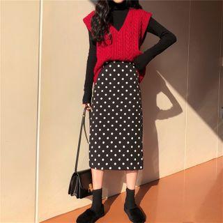 Turtleneck Knit Top / Knit Vest / Midi Dotted A-line Skirt