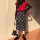 Turtleneck Knit Top / Knit Vest / Midi Dotted A-line Skirt