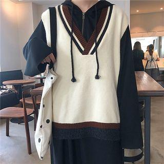 Midi Hoodie Dress / Contrast Trim V-neck Knit Vest