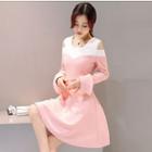 Color Panel Cut Out Shoulder Long Sleeve Dress