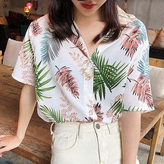 Elbow-sleeve Tropical Print Chiffon Shirt White - One Size