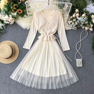 Set: Long-sleeve Mesh Paneled A-line Midi Dress + Knit Vest