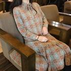 Printed Long-sleeve A-line Midi Dress / V-neck Sweater