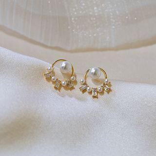 Faux Pearl Rhinestone Hoop Earring 1 Pair - White Pearl - Gold - One Size