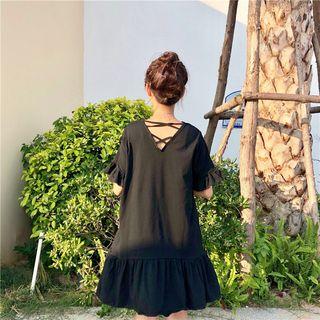 Cross Strap Back Frill Trim Elbow Sleeve Dress