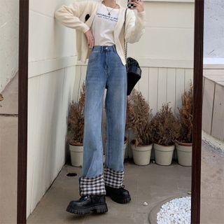 High Waist Wide Leg Check Panel Jeans