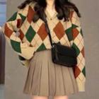 Argyle Buttoned Knit Cardigan / Pleated Plain Mini Skirt (various Designs)