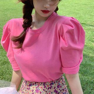 Puff-sleeve T-shirt / Floral Print Mini A-line Skirt